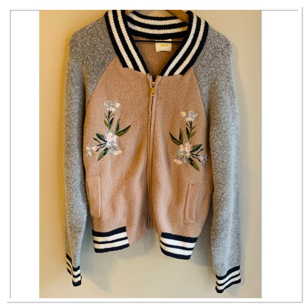 Anthropologie Pink and Gray Varsity Jacket with Floral Embroidery